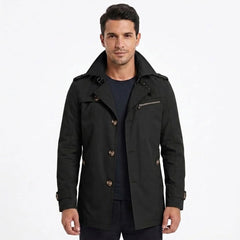 Black cotton trench coat on model, front view