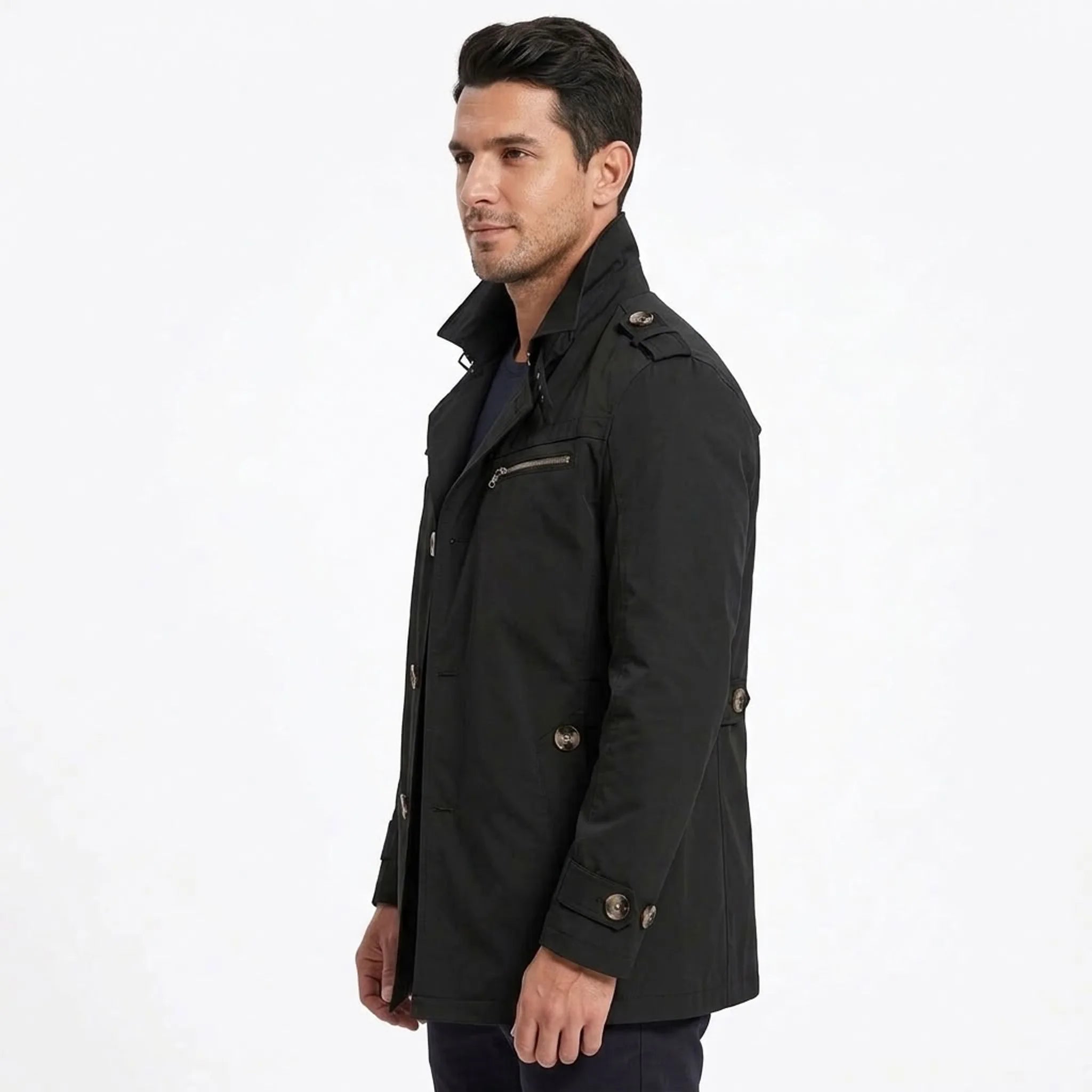 Black cotton trench coat on model, side view