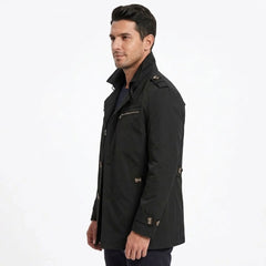 Black cotton trench coat on model, side view