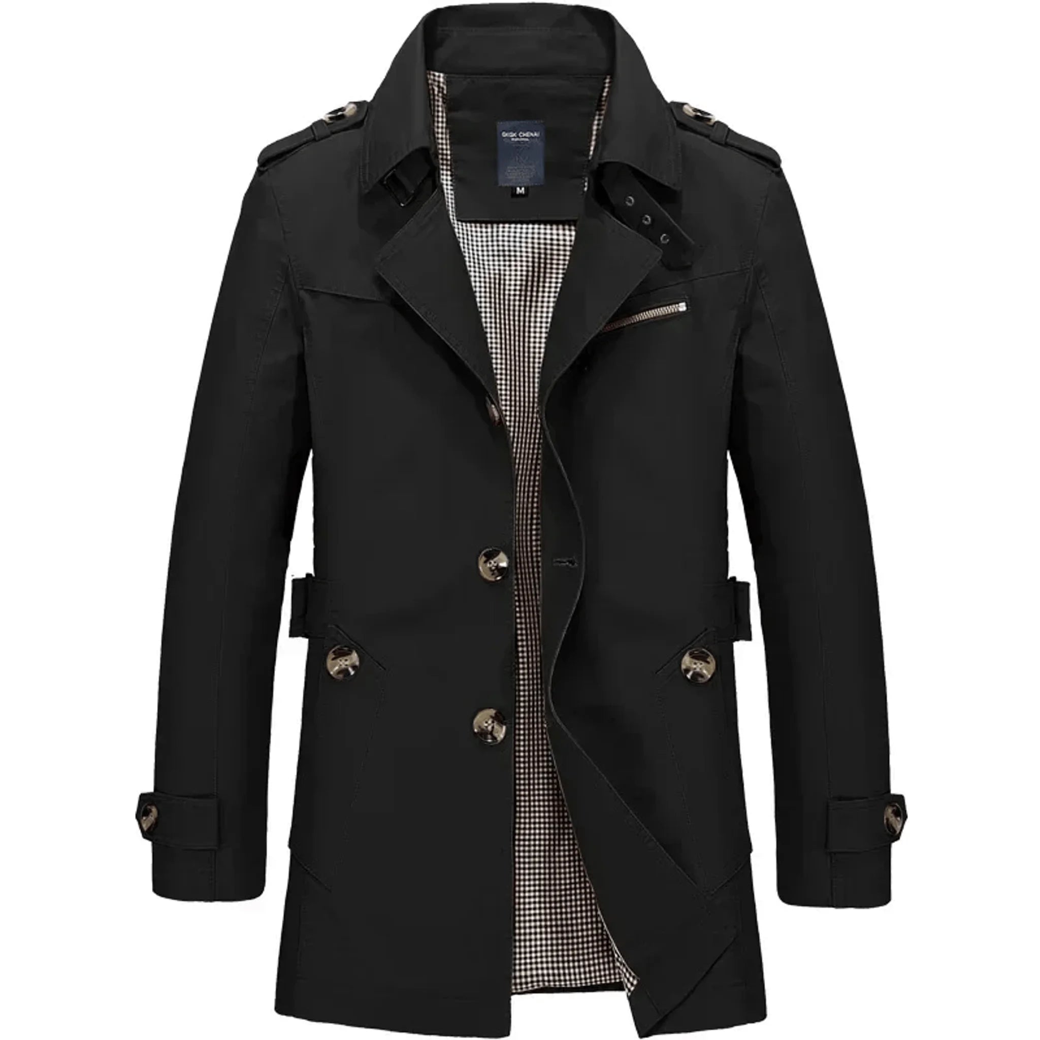 Black single-breasted cotton trench coat, front view