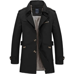 Black single-breasted cotton trench coat, front view