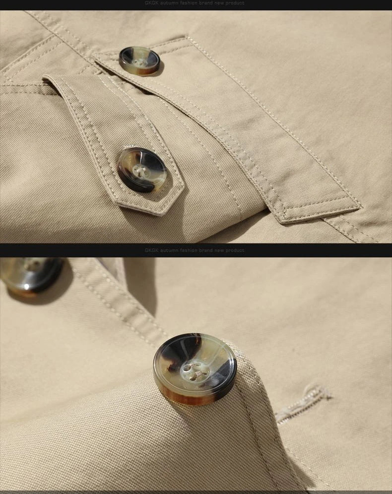 Khaki trench coat button details close-up