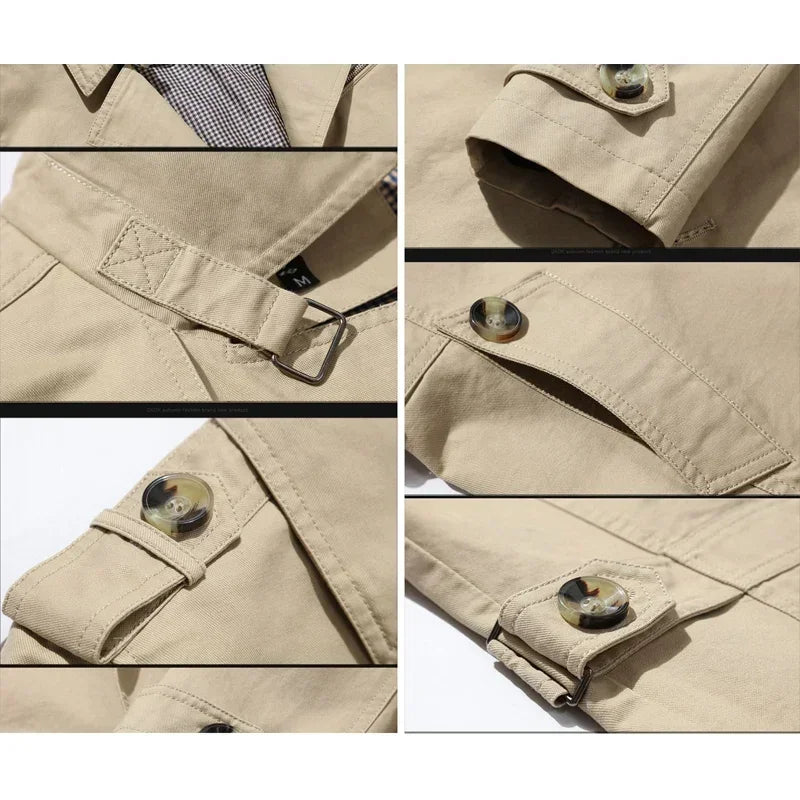 Khaki trench coat collar, pocket and cuff tab details