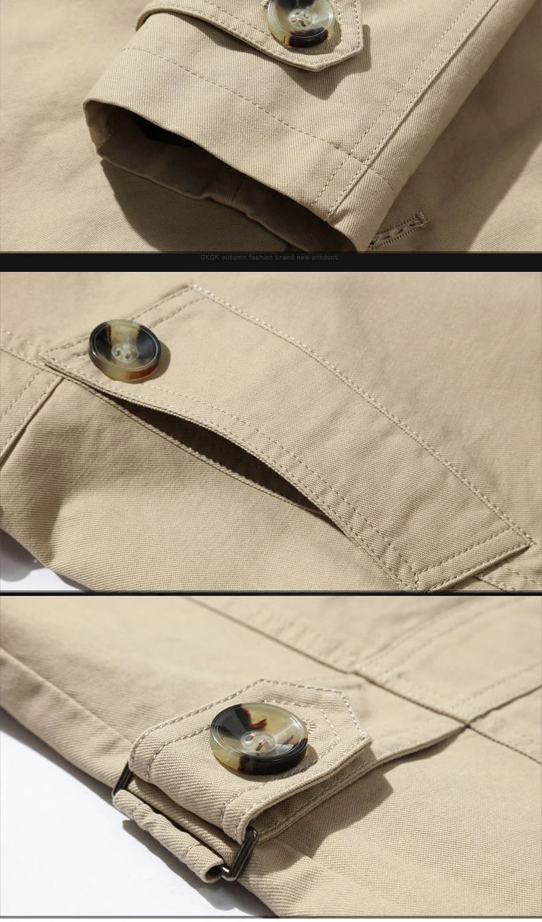 Khaki trench coat epaulette, flap pocket and cuff tab close-up