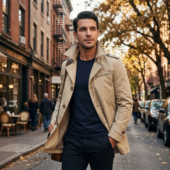 Man wearing khaki trench coat over a navy knit on a city street