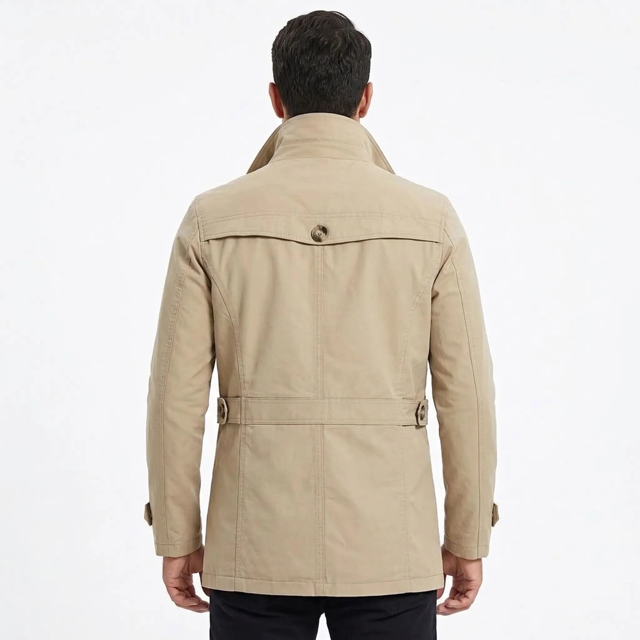 Khaki cotton trench coat on model, back view