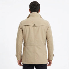 Khaki cotton trench coat on model, back view