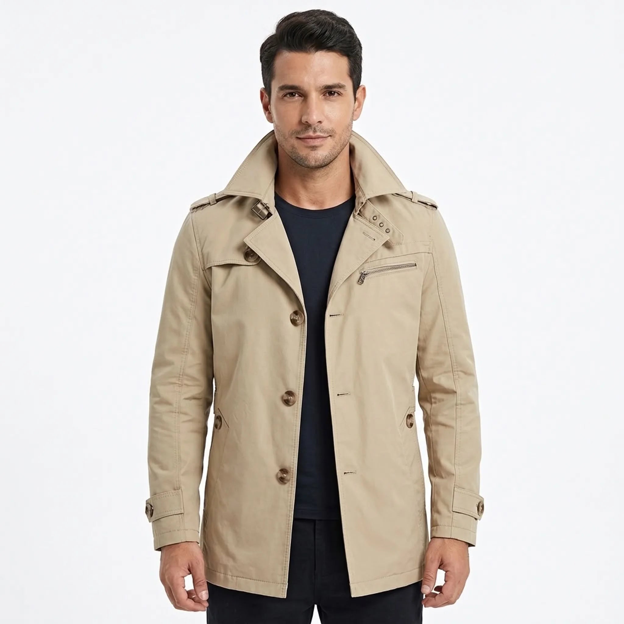 MannerCo men's khaki cotton trench coat, single-breasted, front view on model