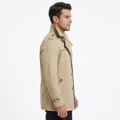Khaki cotton trench coat on model, side view