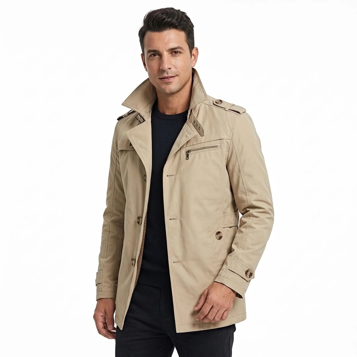 Khaki cotton trench coat on model, three-quarter front view