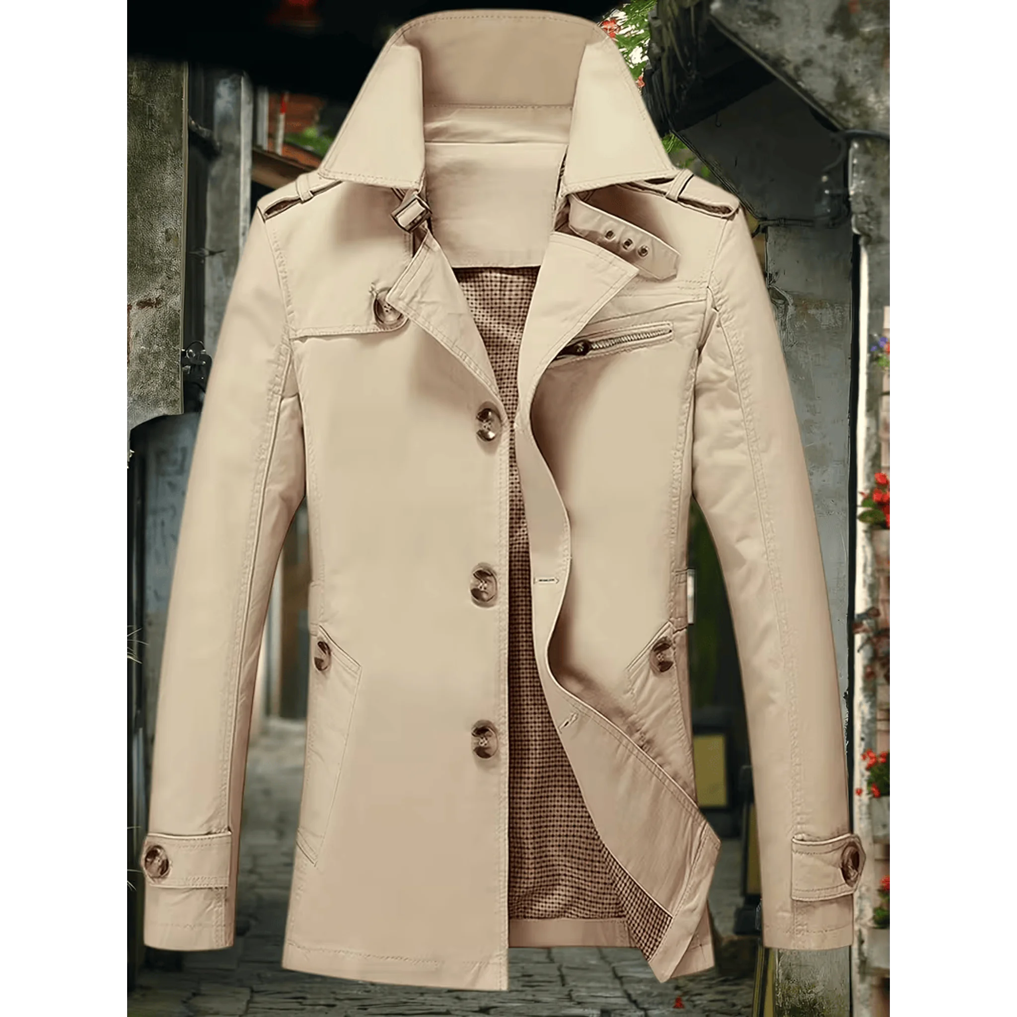Khaki trench coat worn open showing the lining