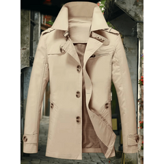 Khaki trench coat worn open showing the lining