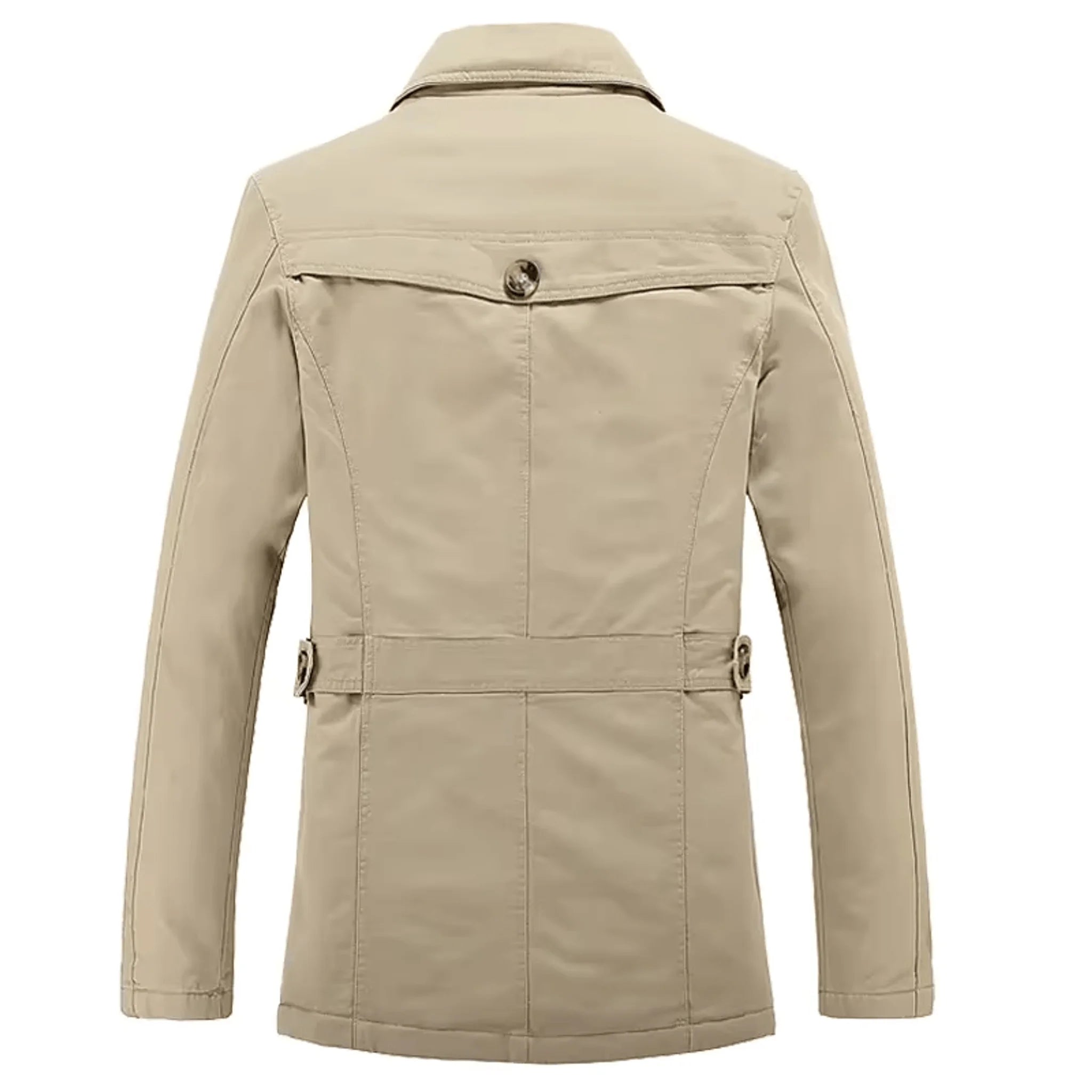 Khaki trench coat back view with buttoned cuff tabs