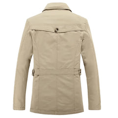 Khaki trench coat back view with buttoned cuff tabs