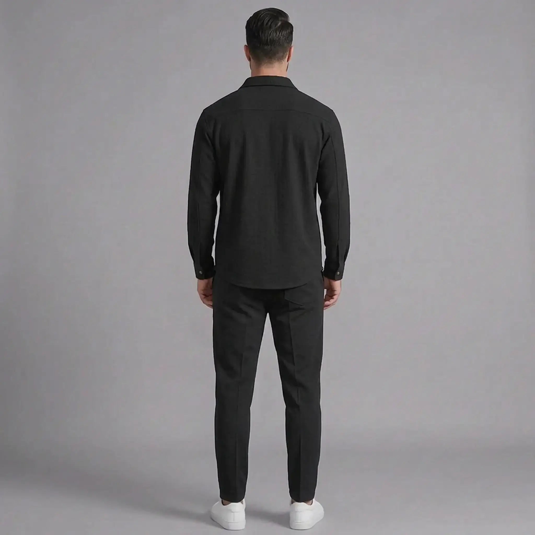 Men's black waffle knit two-piece set, back view