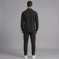 Men's black waffle knit two-piece set, back view