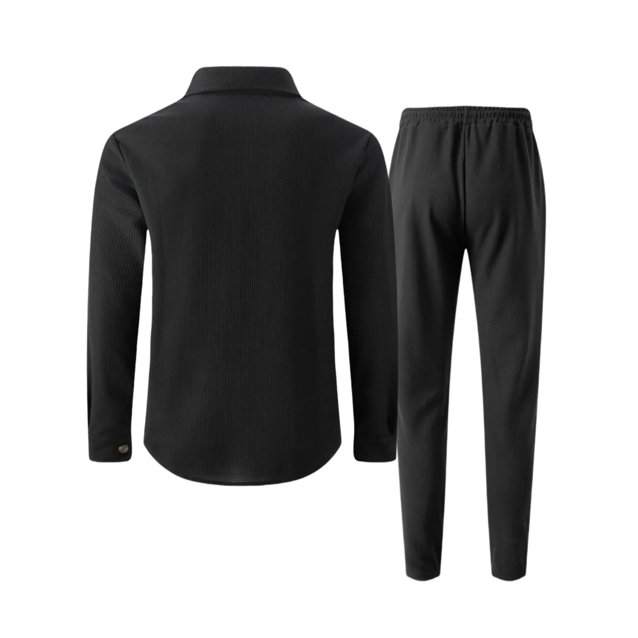 Black waffle knit shirt jacket and trousers flat lay, back view