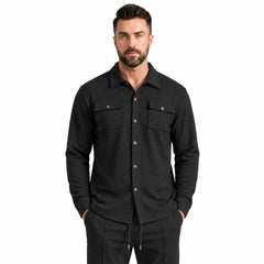 Black waffle knit shirt jacket with chest flap pockets, front close-up