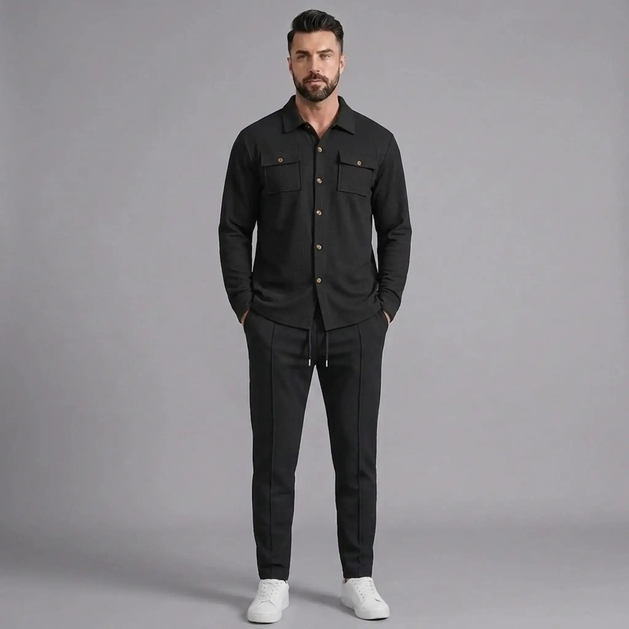 Men's black waffle knit two-piece set, full-length front view