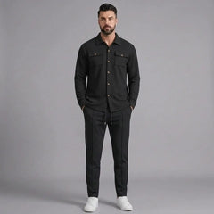 Men's black waffle knit two-piece set, full-length front view