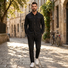Black waffle knit set worn walking an old town cobblestone street