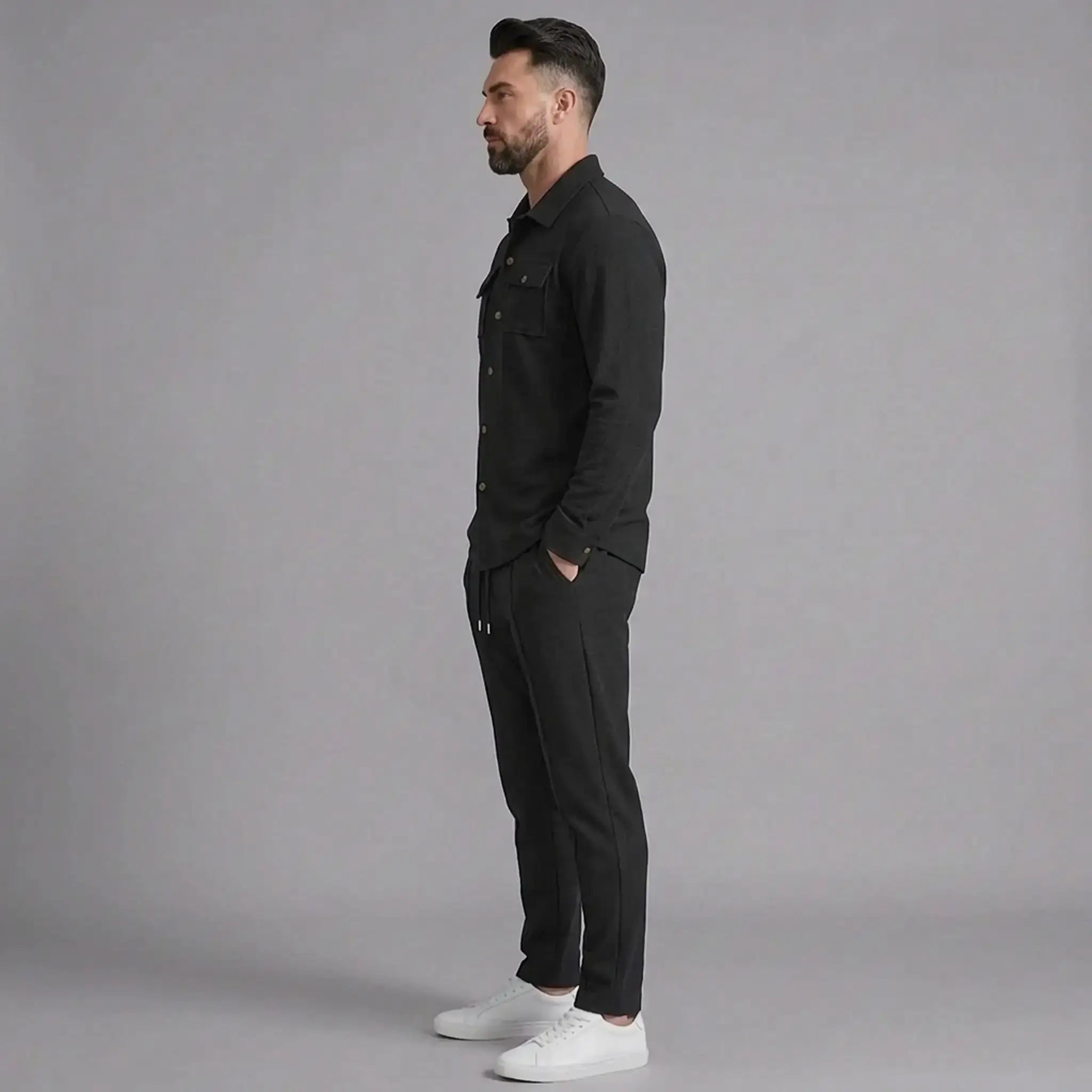 Men's black waffle knit two-piece set, side view