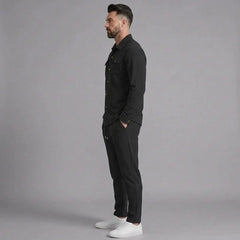 Men's black waffle knit two-piece set, side view