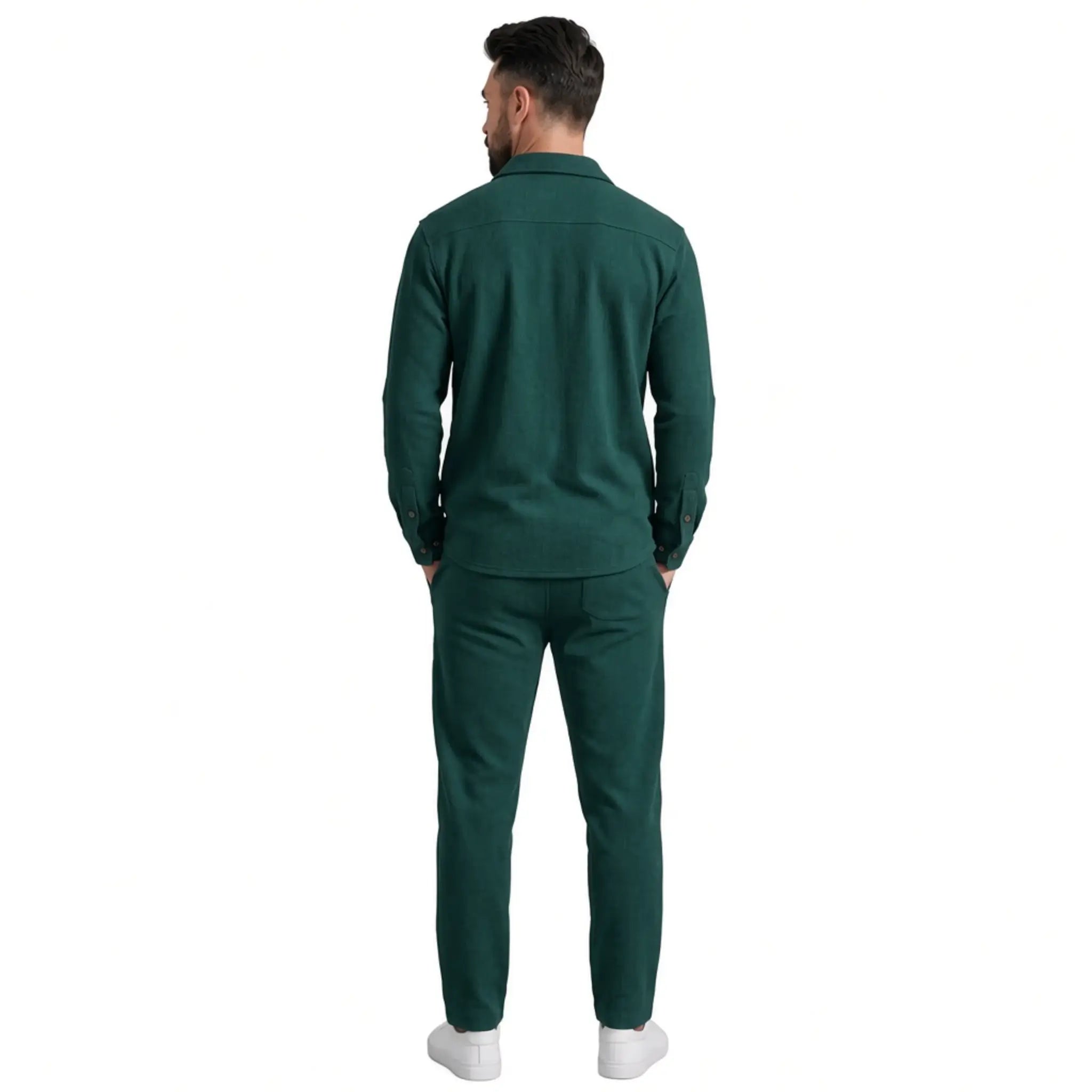 Men's dark green waffle knit two-piece set, back view