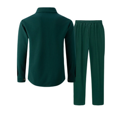 Dark green waffle knit shirt jacket and trousers flat lay, back view
