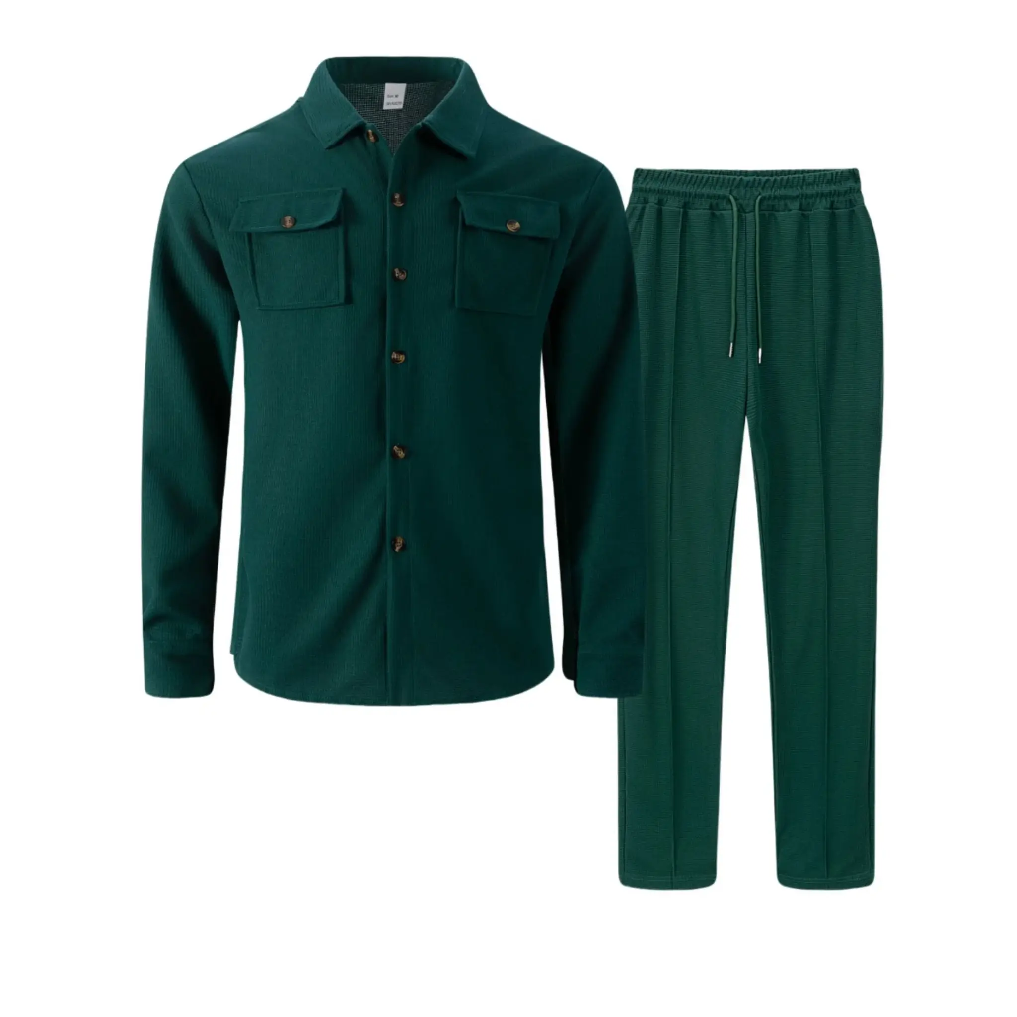 Dark green waffle knit two-piece set, shirt jacket and drawstring trousers flat lay