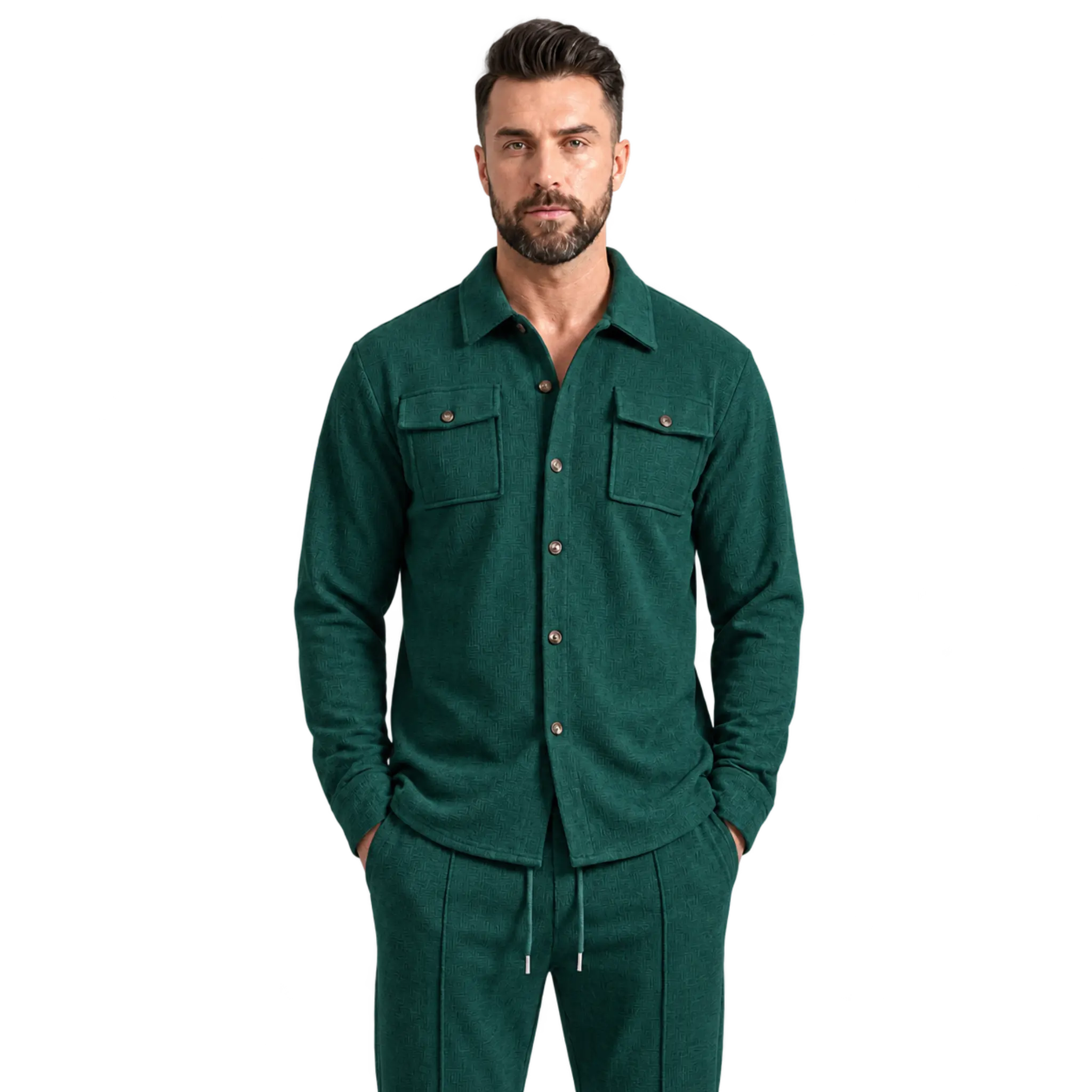 MannerCo men's dark green waffle knit shirt jacket and trousers set, front close-up