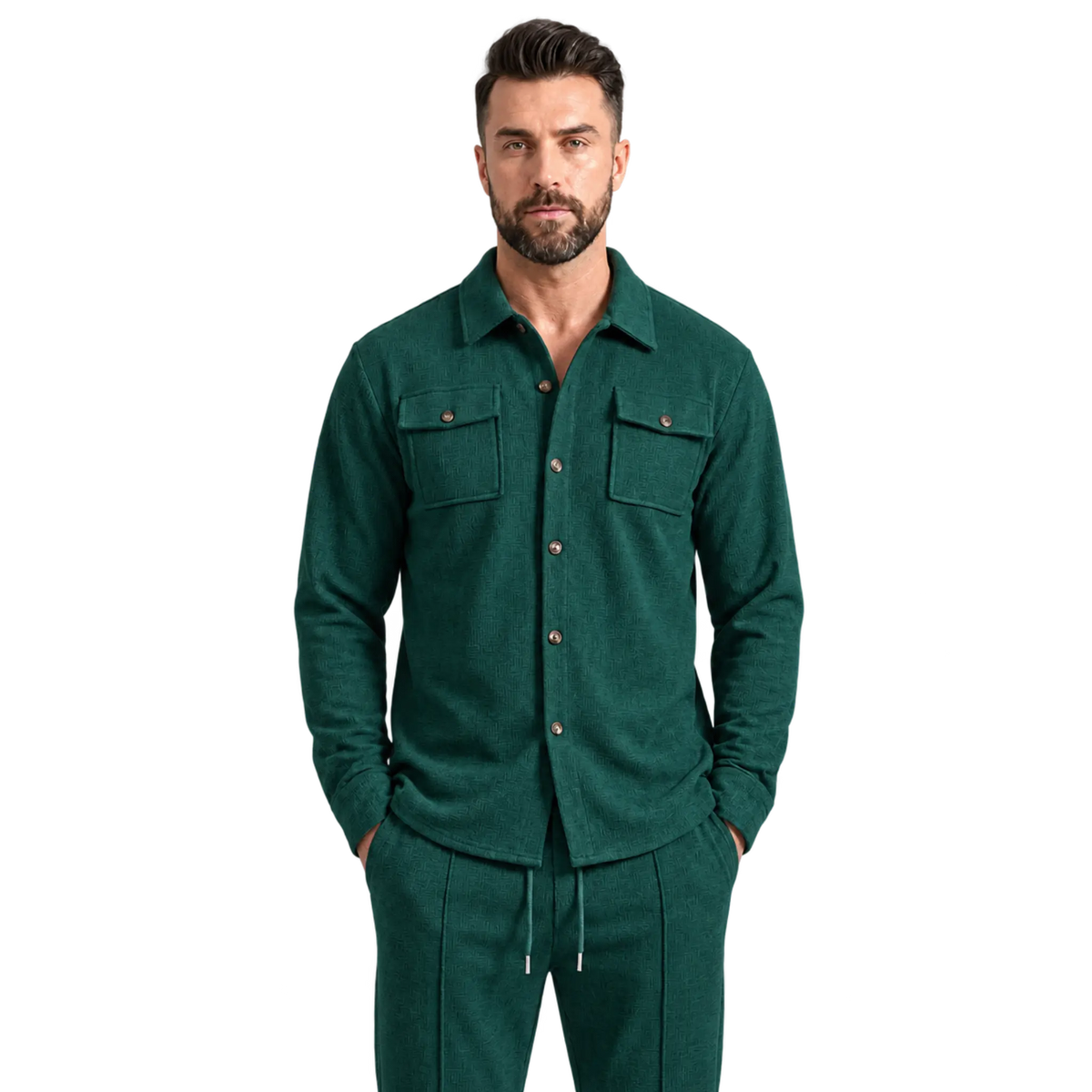 MannerCo men's dark green waffle knit shirt jacket and trousers set, front close-up