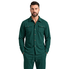 MannerCo men's dark green waffle knit shirt jacket and trousers set, front close-up