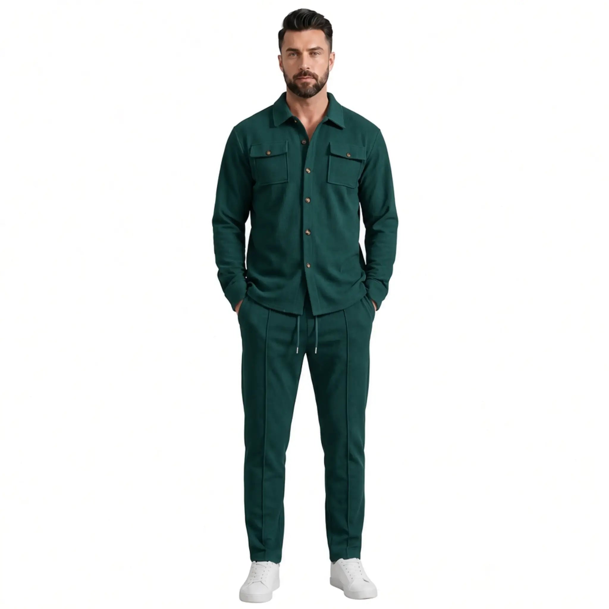 Men's dark green waffle knit two-piece set, full-length front view