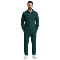 Men's dark green waffle knit two-piece set, full-length front view