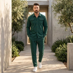 Dark green waffle knit two-piece set worn in a sunny courtyard