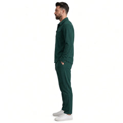 Men's dark green waffle knit two-piece set, side view