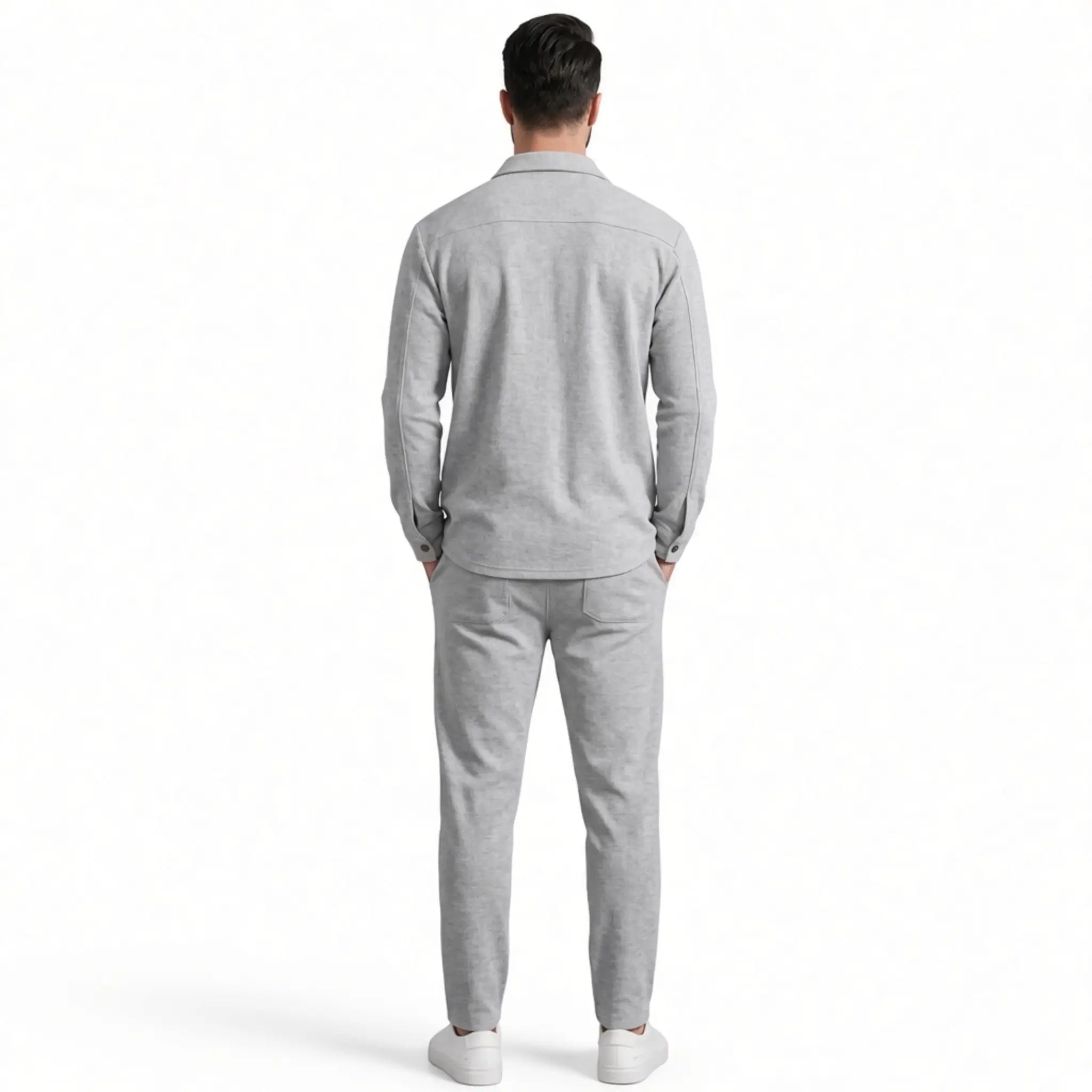 Men's gray waffle knit two-piece set, back view