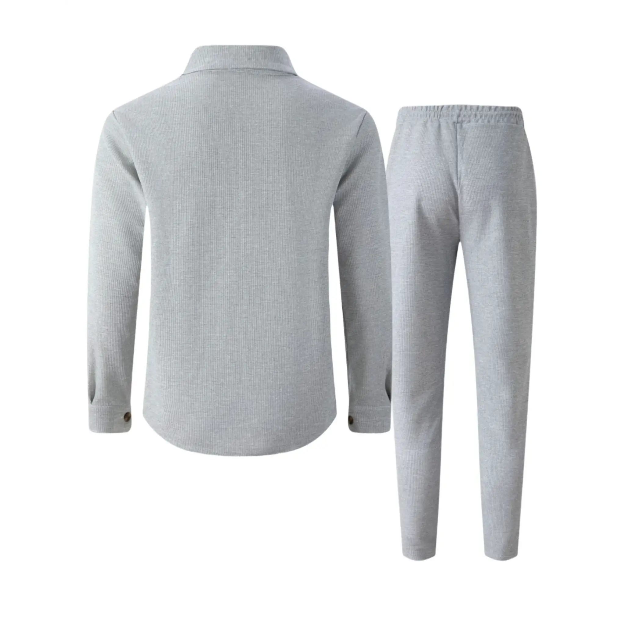 Gray waffle knit shirt jacket and trousers flat lay, back view