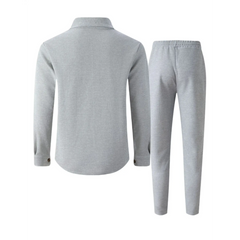 Gray waffle knit shirt jacket and trousers flat lay, back view