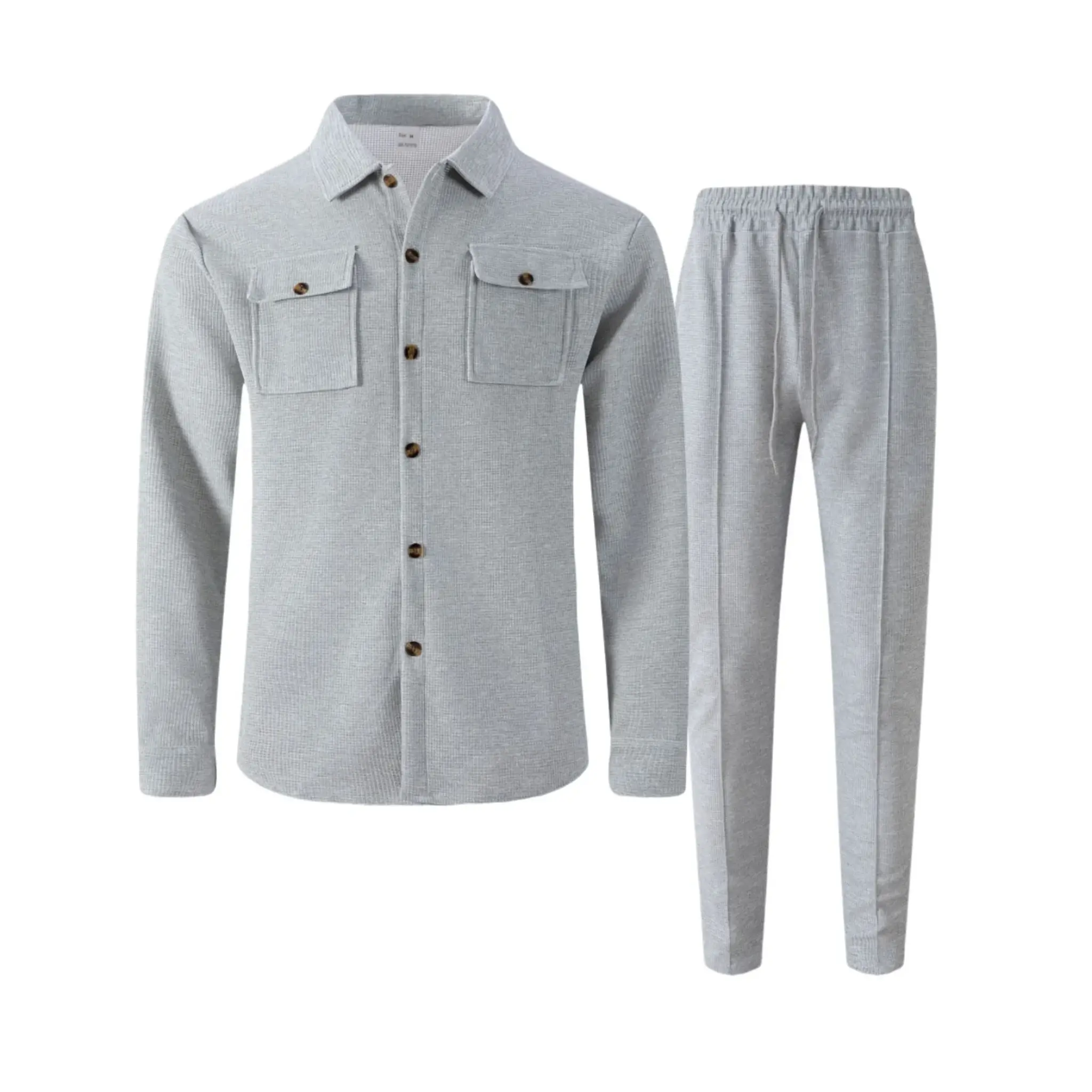 Gray waffle knit shirt jacket and drawstring trousers flat lay, front