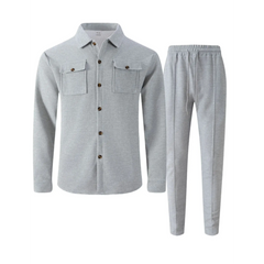 Gray waffle knit shirt jacket and drawstring trousers flat lay, front