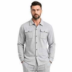 Gray waffle knit shirt jacket with chest flap pockets, front close-up
