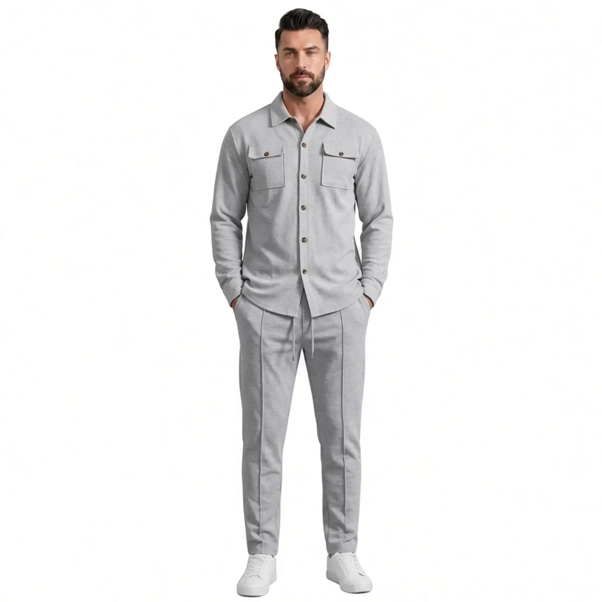 Men's gray waffle knit two-piece set, full-length front view