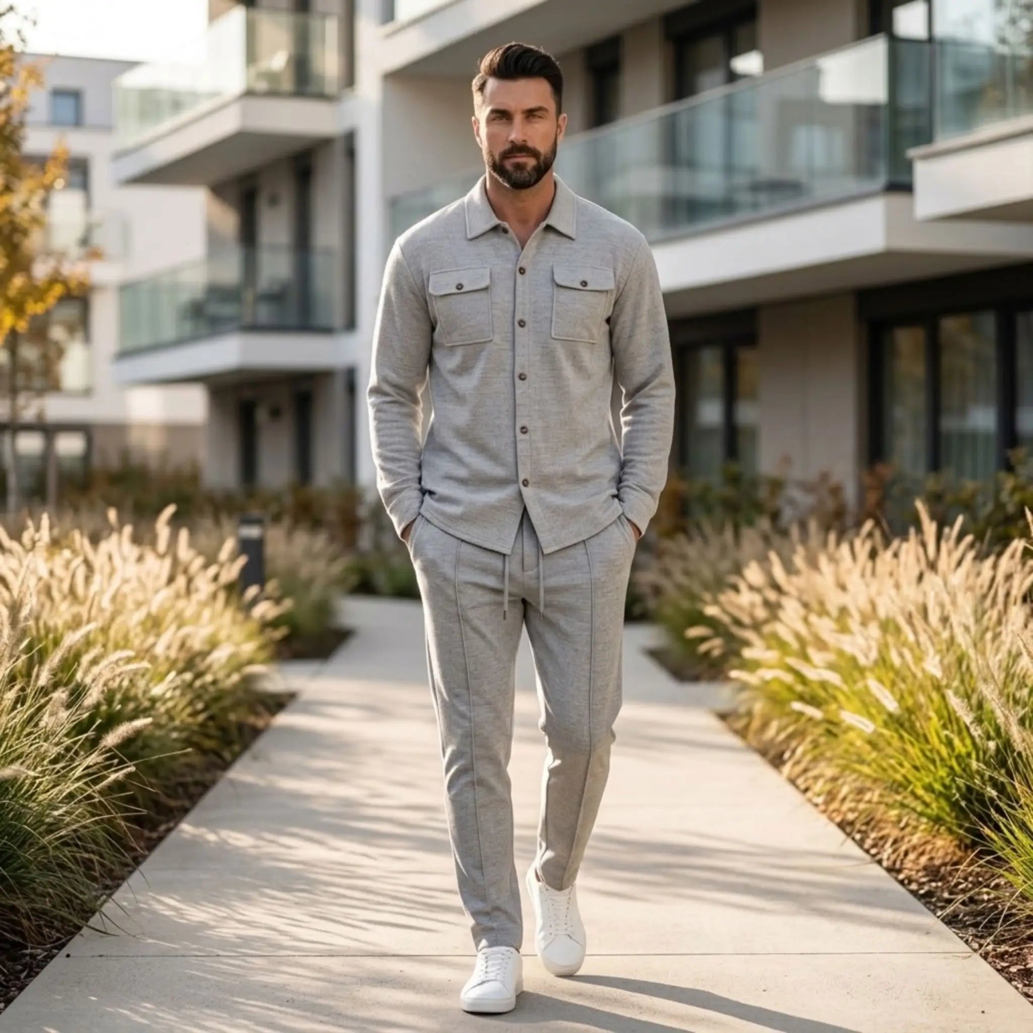 Gray waffle knit set worn walking a modern city path