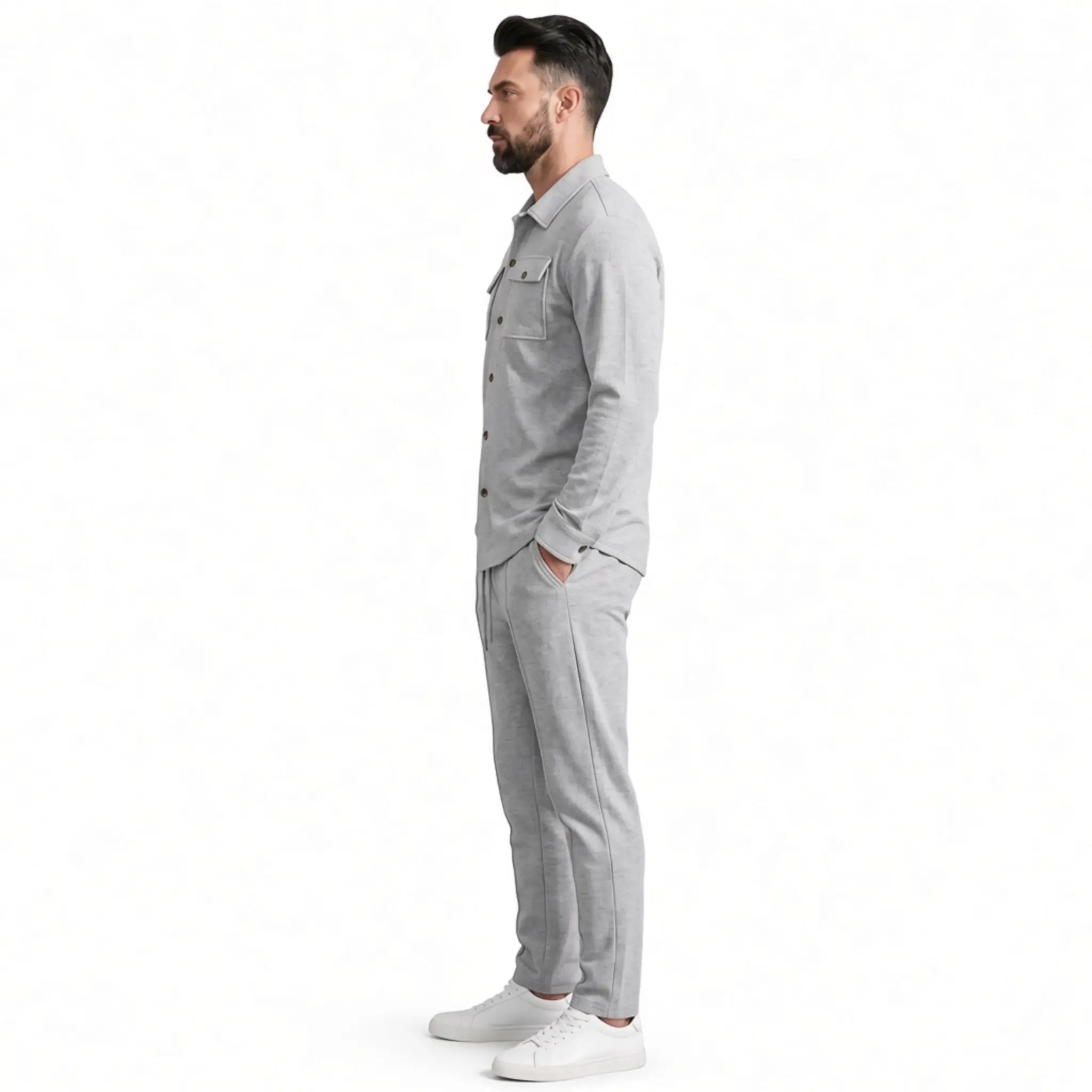 Men's gray waffle knit two-piece set, side view