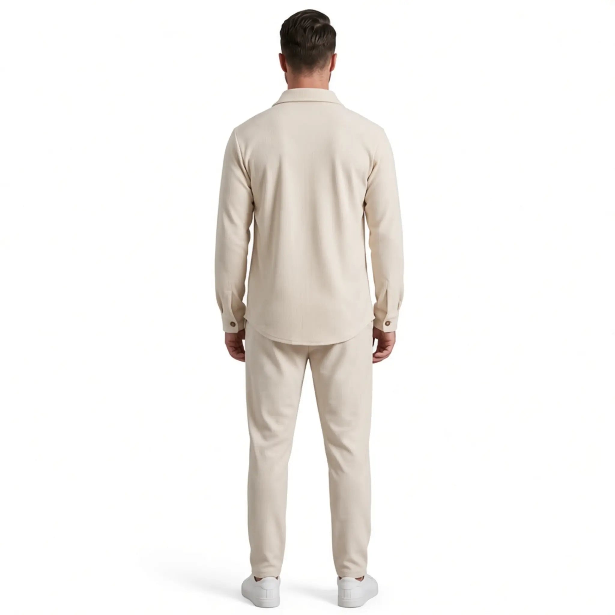 Men's khaki waffle knit two-piece set, back view
