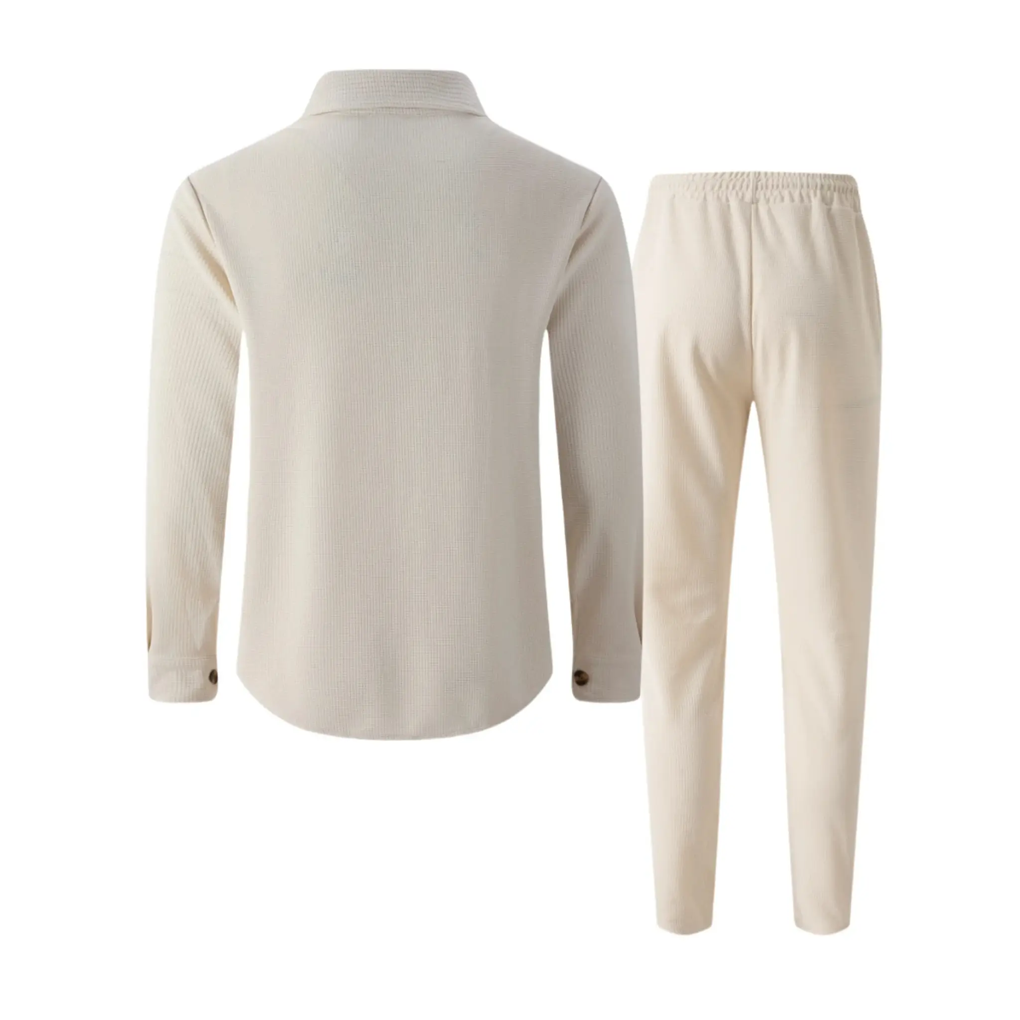 Khaki waffle knit shirt jacket and trousers flat lay, back view