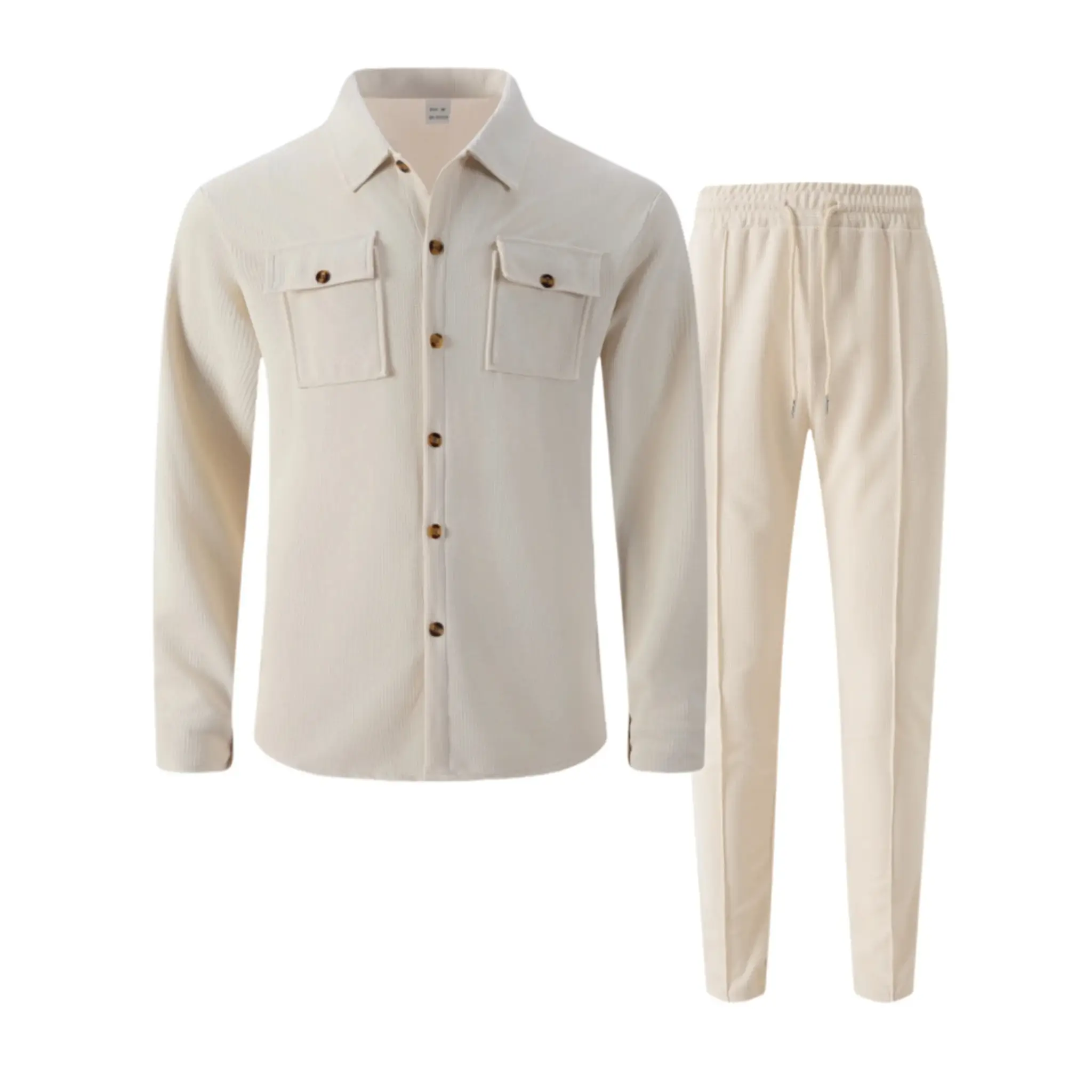 Khaki waffle knit shirt jacket and drawstring trousers flat lay, front