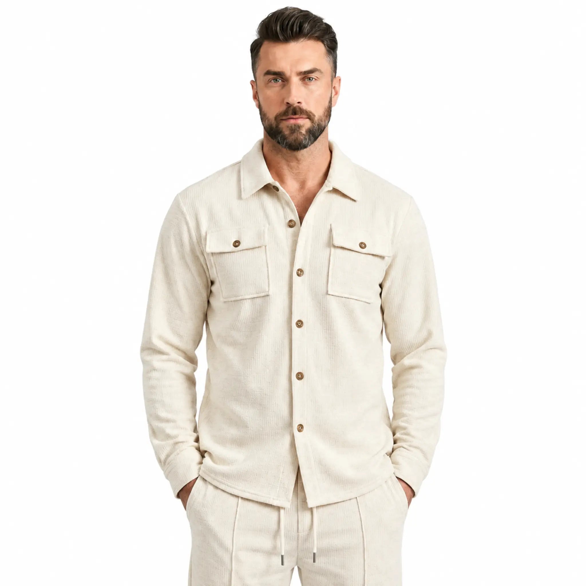 Khaki waffle knit shirt jacket with chest flap pockets, front close-up